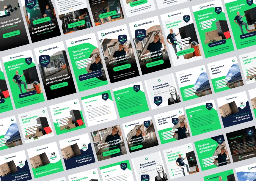 Conversie Optimalisatie - GroothandelSolar Blokken Overzicht van meerdere marketing- en landingspagina-ontwerpen voor zonnepanelen en pakketten