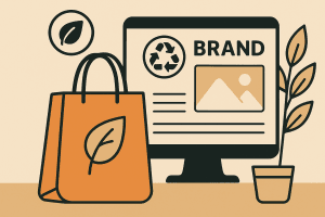 Een digitale illustratie toont een duurzame webshop met een recycle-symbool, een shoppingtas met een blad en een scherm met milieuvriendelijke elementen.