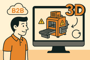 Illustratie van een man naast een scherm met een 3D-machine, waarschuwingstekens en B2B-cloudlabel