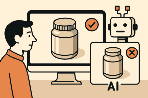 Illustratie van een man die een AI-systeem gebruikt om een potje te beoordelen als goed of fout