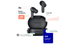 Illustratie van draadloze oordopjes met dashboards voor merk, omzet, reviews, conversie en bestellingen