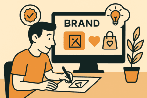 Illustratie van een ontwerper die aan een merkidentiteit werkt op een computer, met pictogrammen voor beeld, hart en winkel