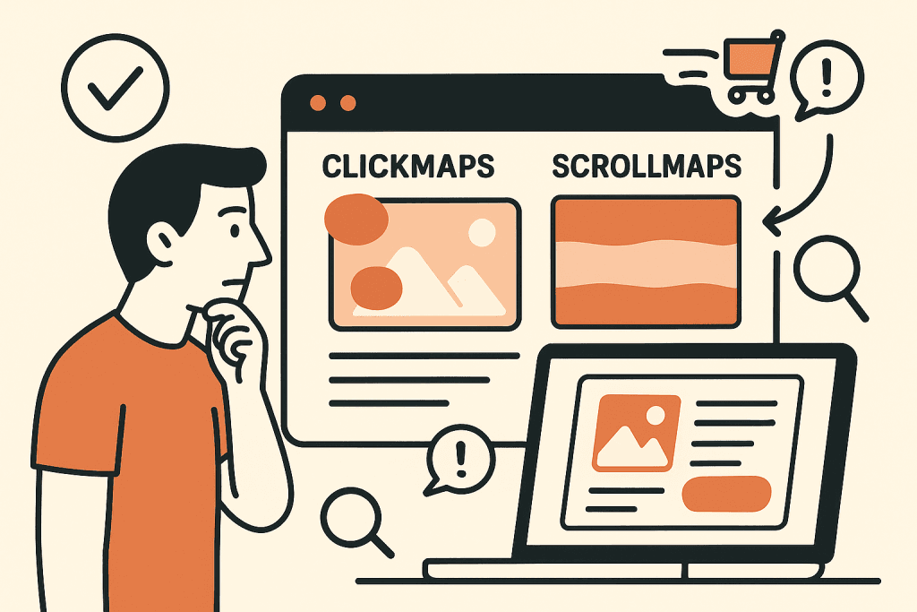 Illustratie van een man die een scherm met clickmaps en scrollmaps analyseert, met visuele elementen als vergrootglas, waarschuwingen en interactie-iconen.