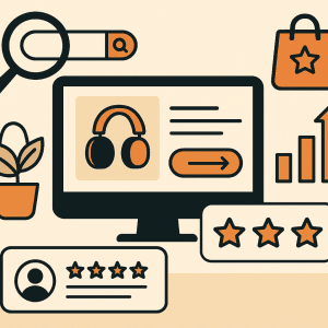 Illustratie van online winkelen met koptelefoon, zoekbalk, productbeoordelingen en grafieken