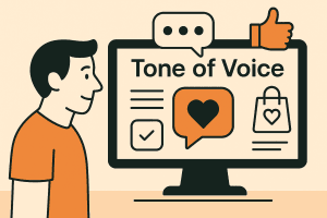 Tone of Voice op een scherm met chat-, like- en winkeliconen, naast een persoon