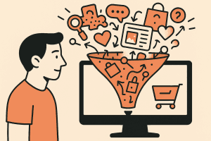 Illustratie van een man die naar een computerscherm kijkt met een trechter vol online winkel- en beveiligingsiconen