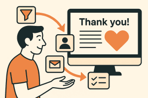 Illustratie van een persoon die via een scherm een bedankbericht, hart en checklist ontvangt, met e-mail- en profieliconen