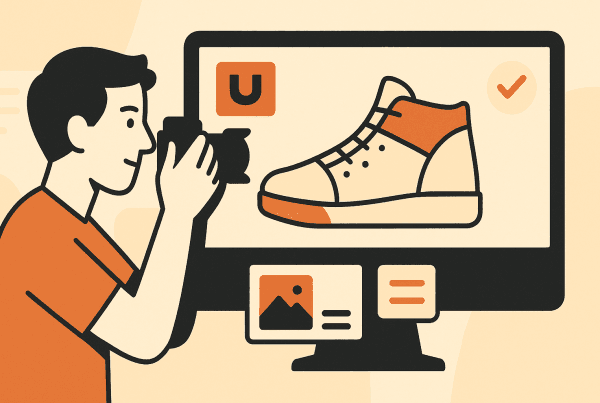 Een jonge fotograaf legt een sneaker vast met een camera terwijl het resultaat op een scherm verschijnt in gestileerde flat design stijl.