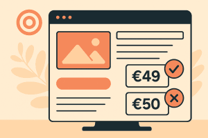 Scherm met productpagina en prijsvergelijking: €49 goedgekeurd, €50 afgekeurd