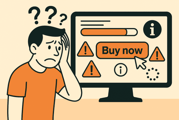 Illustratie van een gefrustreerde man voor een computer met verwarrende interface-elementen zoals een “Buy now”-knop, waarschuwingsiconen en een laadicoon.