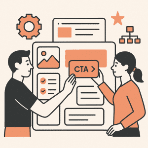 Illustratie van twee mensen die samen een modulaire website bouwen met wireframes en een CTA-knop in een minimalistisch ontwerp.