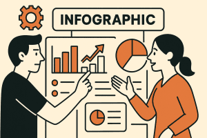 Twee personen analyseren samen infographics met grafieken en pictogrammen op een scherm in flat design stijl.