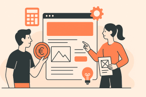 Illustratie van twee mensen die een website of app ontwerpen en bespreken, met euro-icoon, grafiek en instellingen-icoon