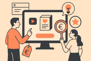 Illustratie van twee personen die verpakkingsdesign beoordelen op een groot computerscherm met symbolen als hart, euro en ster.