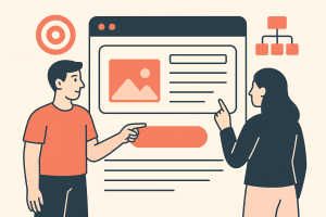 Illustratie van twee personen die samen een wireframe van een website analyseren, met nadruk op kleurgebruik, hiërarchie en layout.
