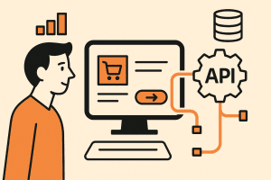 Illustratie van een webshop die via API is gekoppeld aan een database en een gebruiker