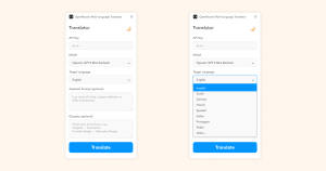 Twee vensters van een vertaalapp; rechts staat de taalkeuzelijst open met Engels geselecteerd