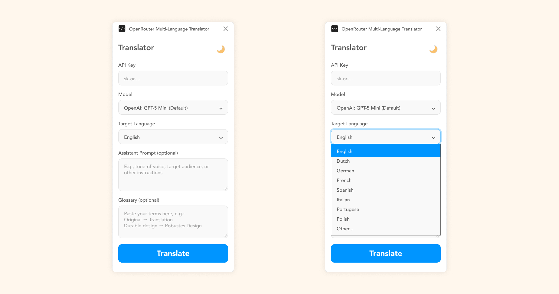 Screenshot van de BrandMonks AI vertaalplugin voor Figma, die de interface toont voor het selecteren van talen, AI-modellen en het invoeren van een contextuele prompt.