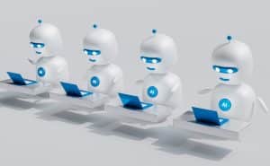 Vier AI-robots werken achter laptops aan bureaus