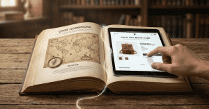 Tablet op een open boek met wereldkaart en de tekst “Jouw reis begint hier”, terwijl een hand het scherm aanraakt