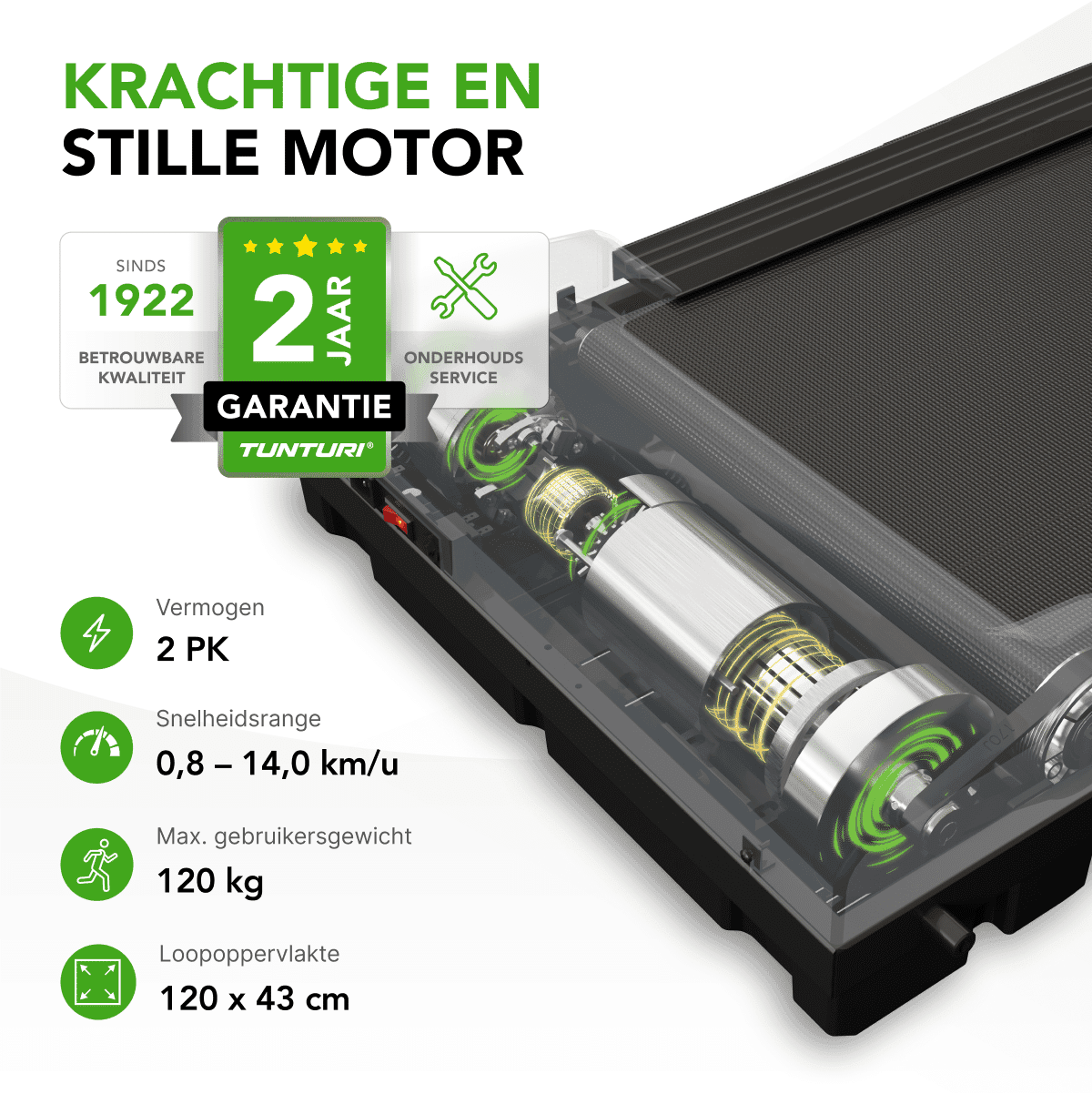 Krachtige en stille motor met 2 jaar garantie, 2 PK, 0,8–14,0 km/u, max. 120 kg, loopvlak 120 x 43 cm