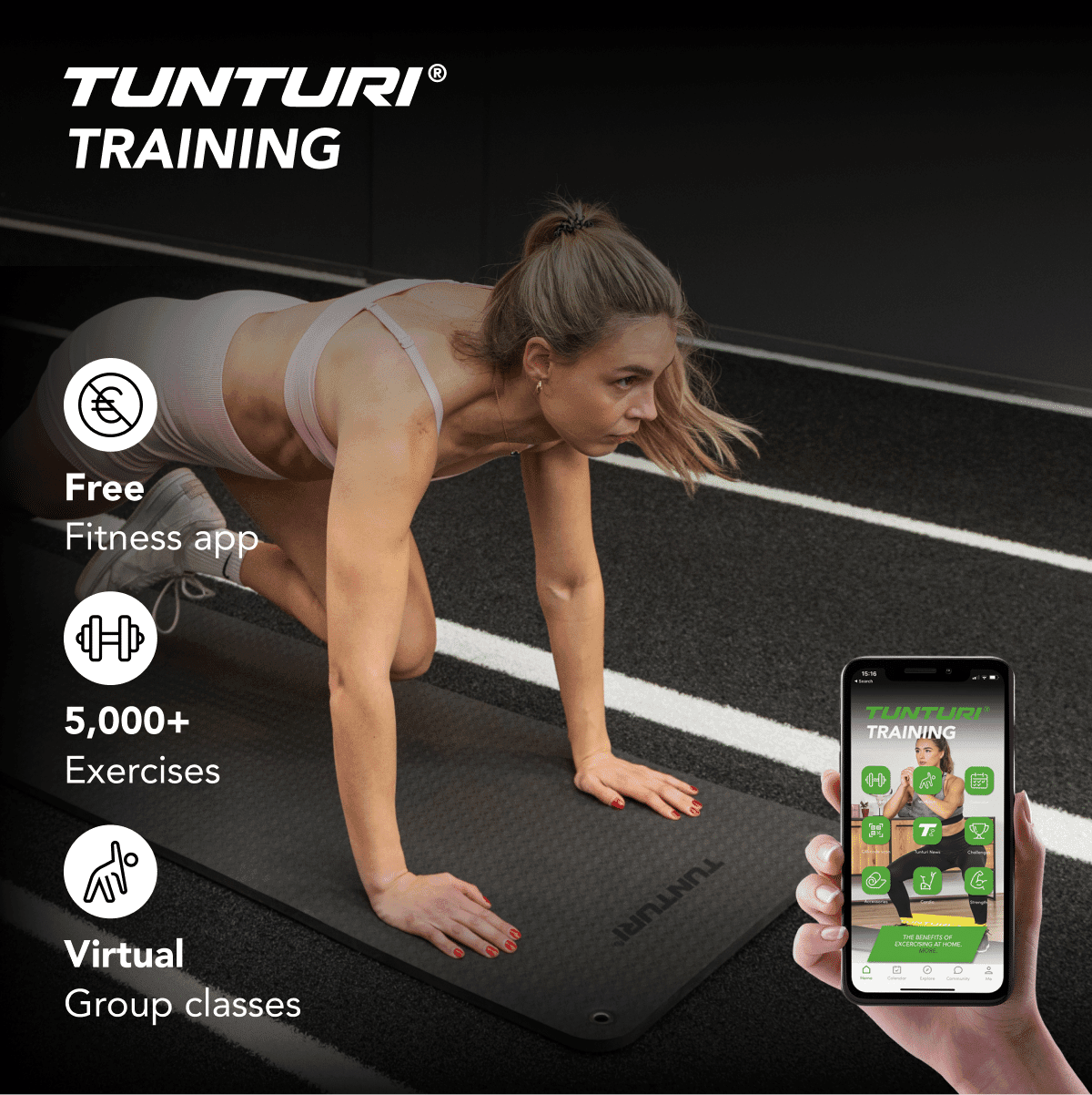 Tunturi Training-app met 5.000+ oefeningen en virtuele groepslessen, getoond naast een sportende vrouw