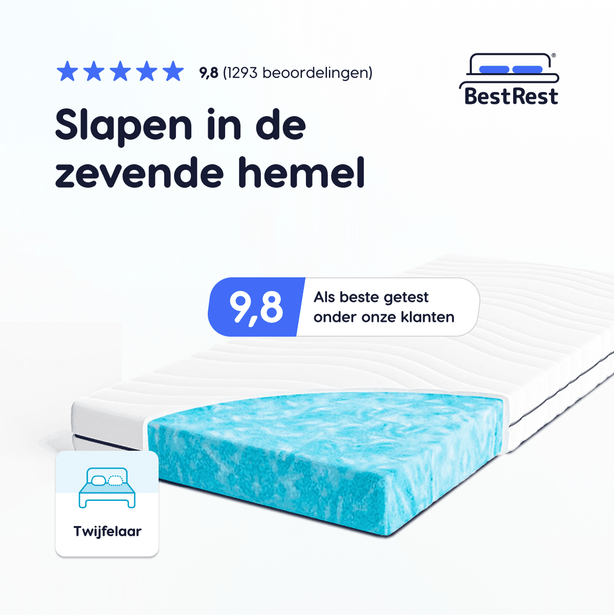 BestRest-matras met beoordeling 9,8 en slogan ‘Slapen in de zevende hemel’