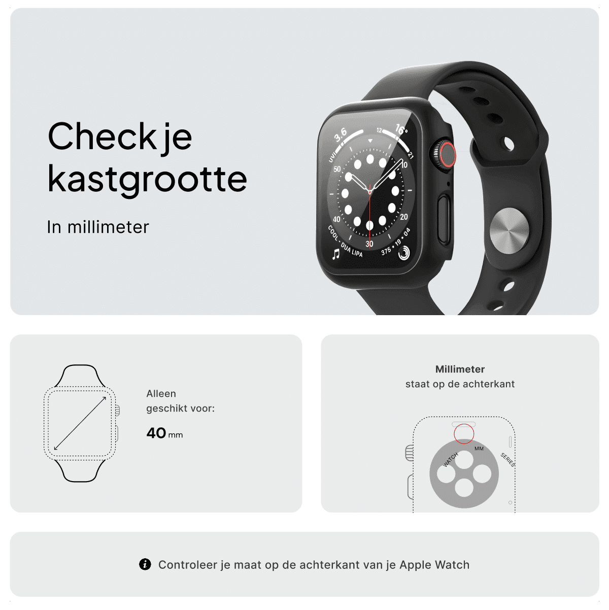 Controleer je kastgrootte in millimeter voor Apple Watch; alleen geschikt voor 40 mm