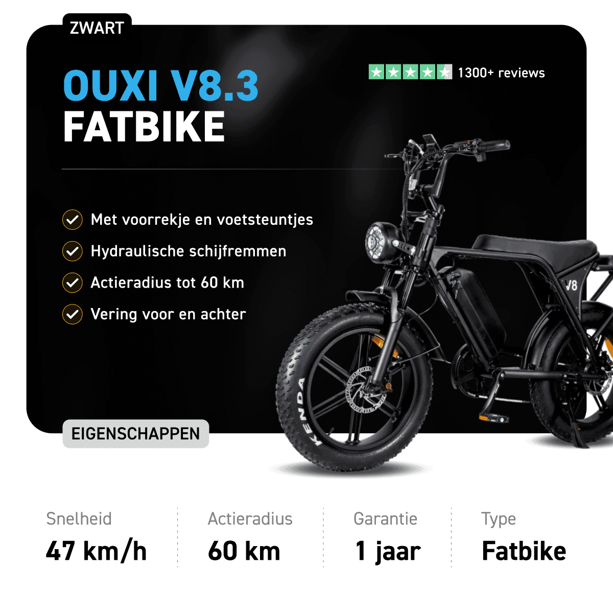 Ouxi V8.3 fatbike met 47 km/u, actieradius 60 km en 1 jaar garantie