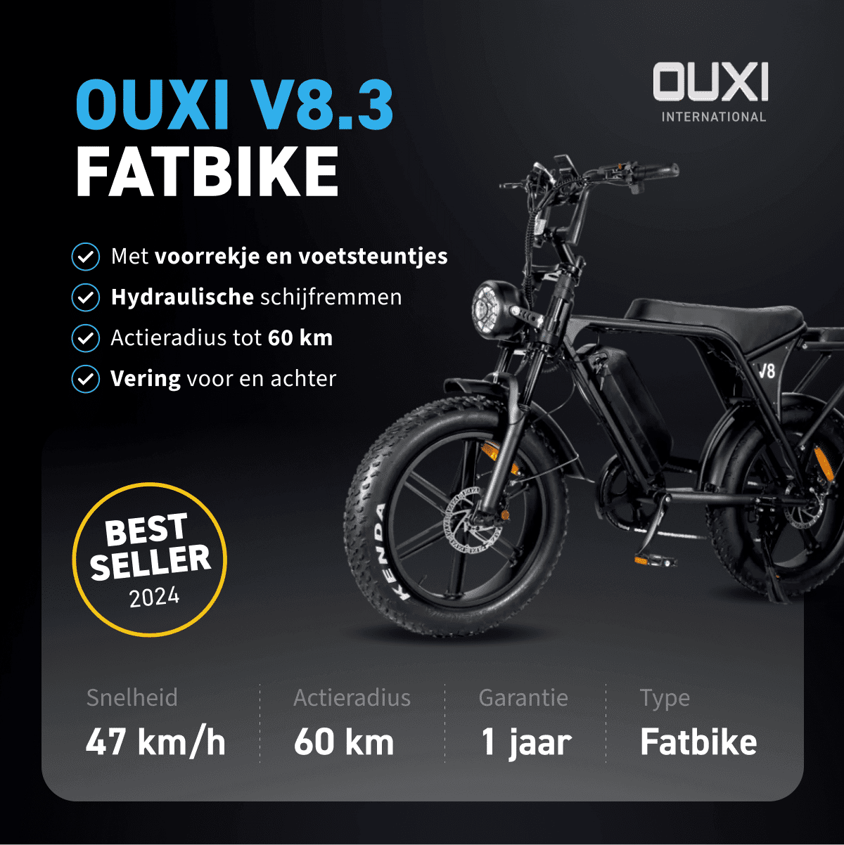 Promotieafbeelding van de OUXI V8.3 fatbike met specificaties en “Best Seller 2024” badge
