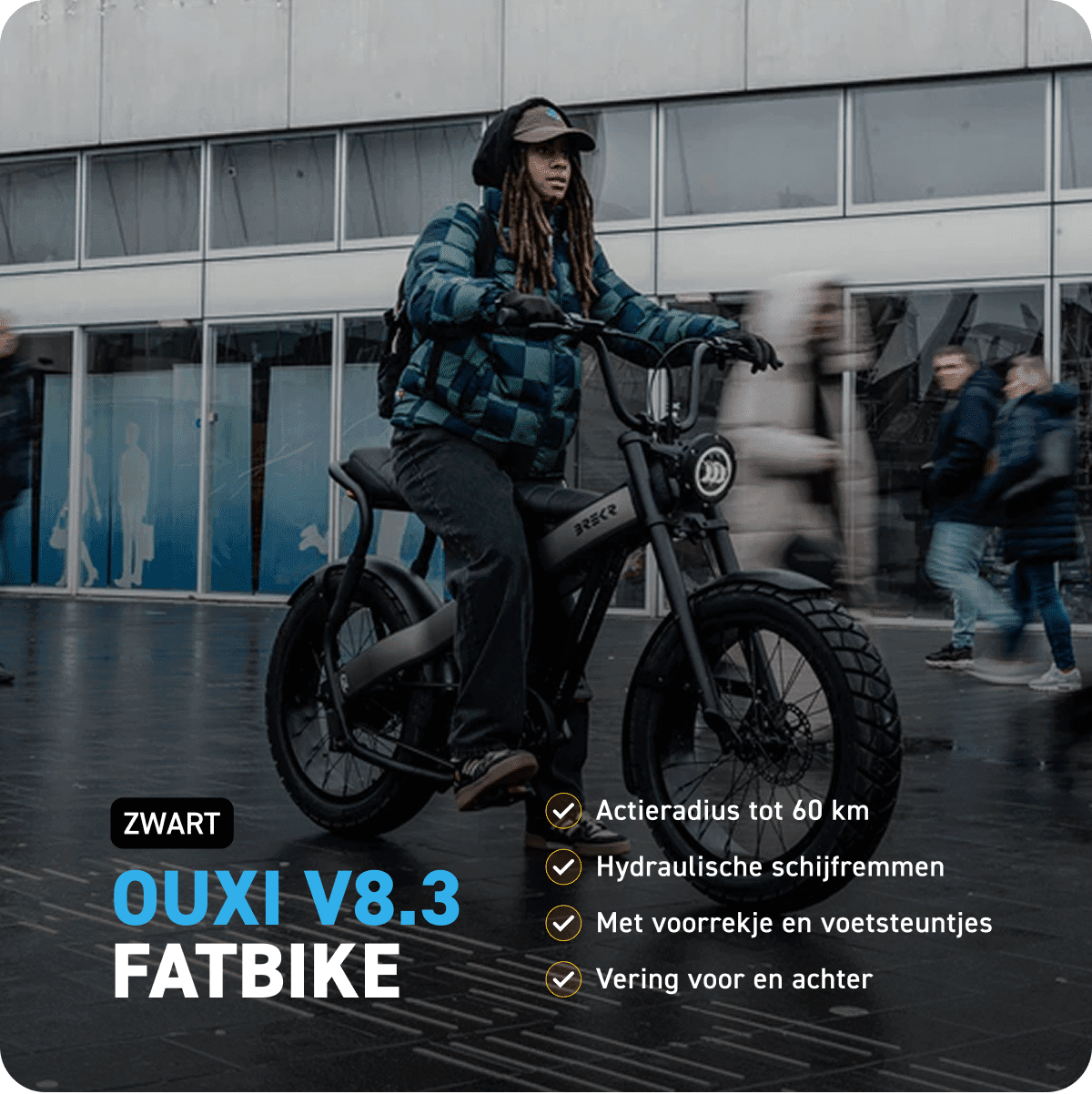 Zwarte OUXI V8.3 fatbike met actieradius tot 60 km, hydraulische schijfremmen en voor- en achtervering