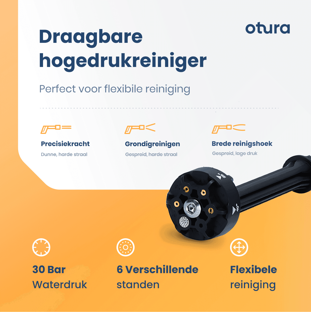 Draagbare hogedrukreiniger met 30 bar waterdruk, 6 standen en flexibele reiniging
