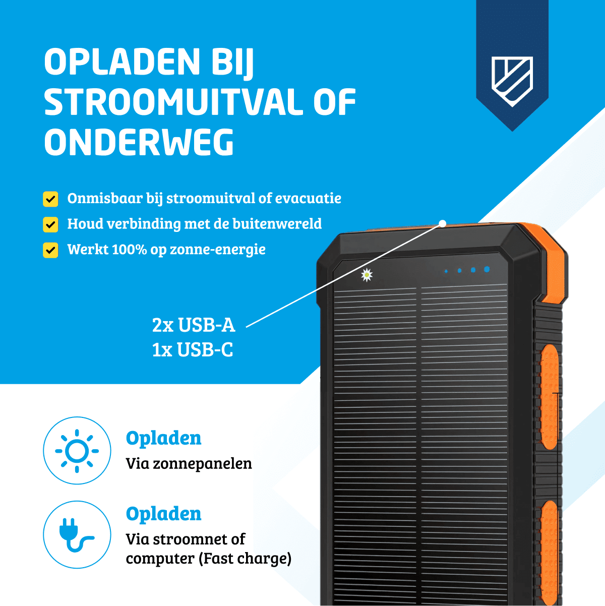 Draagbare zonnelader met 2 USB-A- en 1 USB-C-poort voor opladen bij stroomuitval of onderweg