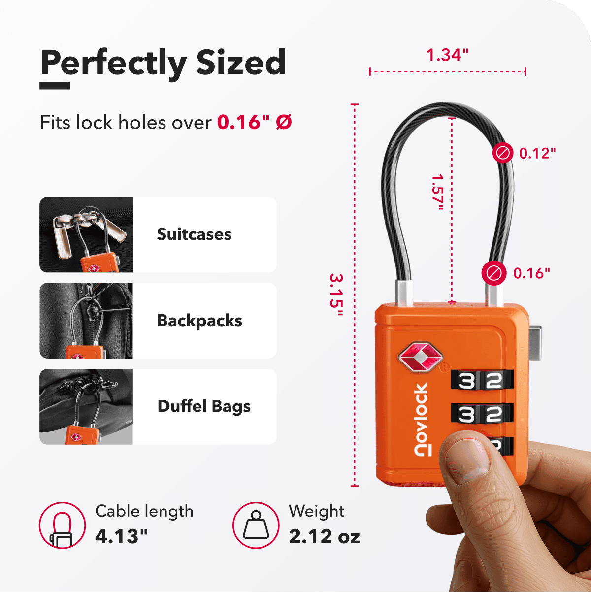 Perfect formaat voor koffers, rugzakken en duffelbags; cijferslot met kabel van 4,13 inch en gewicht 2,12 oz