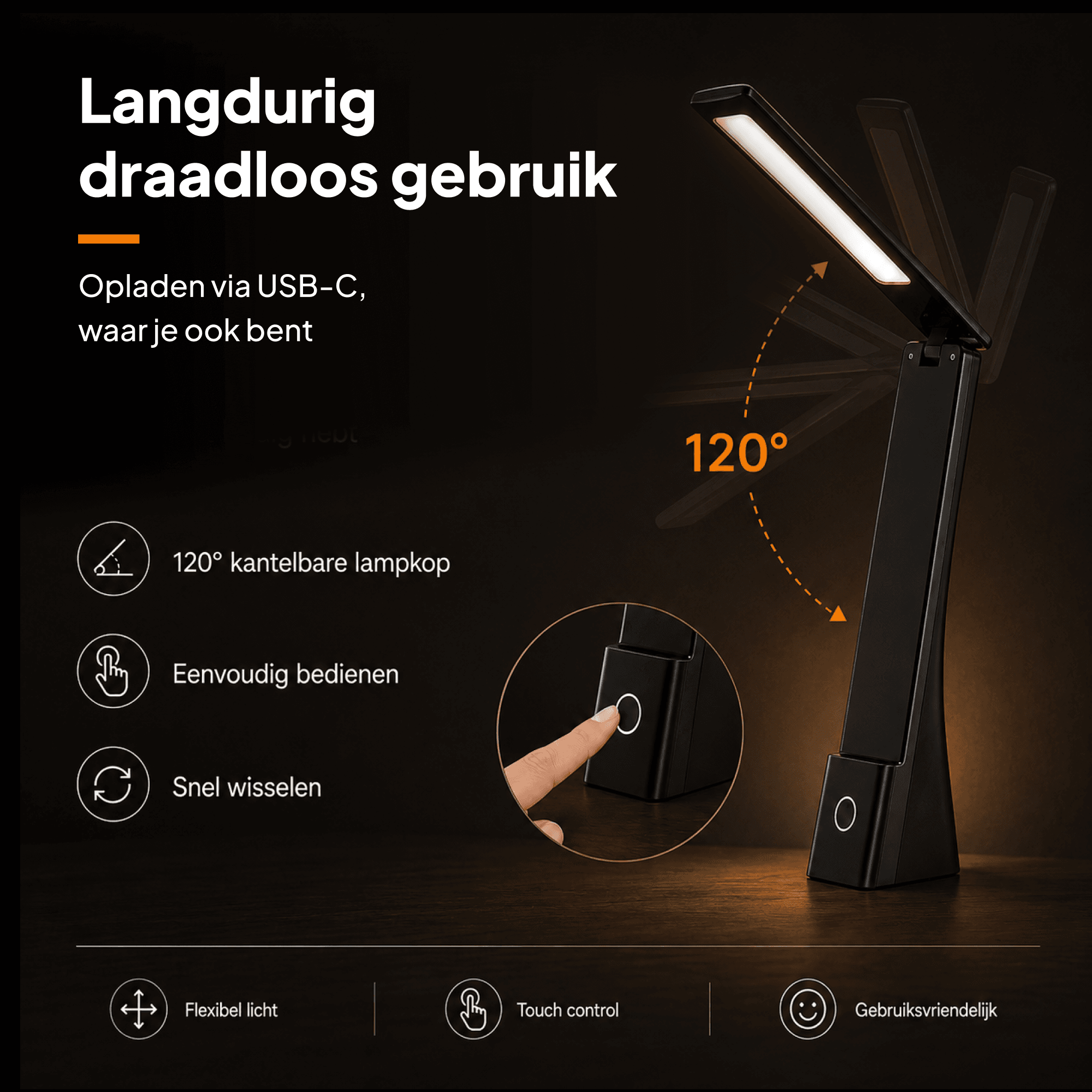 Draadloze bureaulamp met USB-C-opladen, 120° kantelbare lampkop en touchbediening