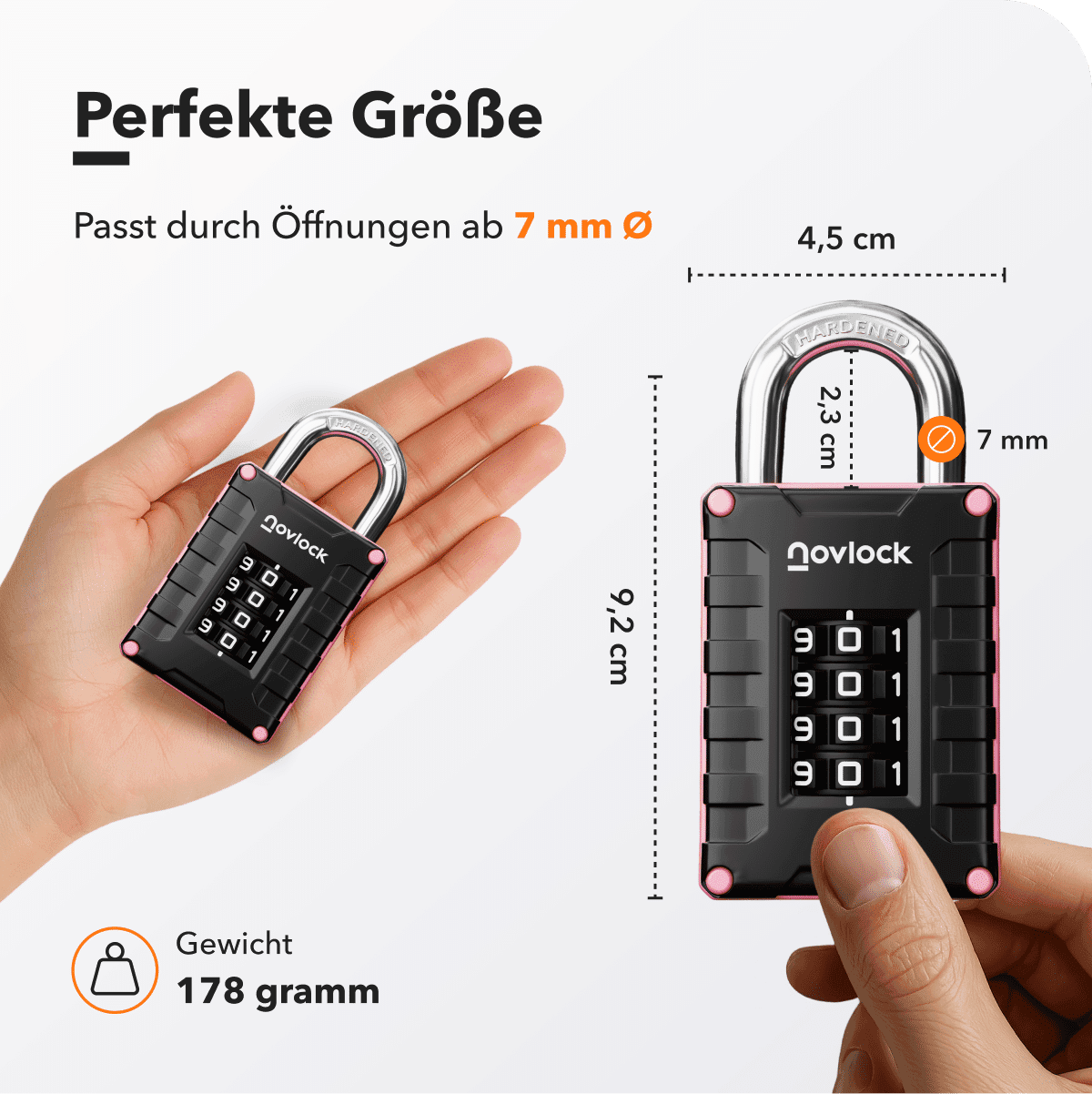 Compact cijferslot past door openingen vanaf 7 mm; afmetingen 4,5 × 9,2 × 2,3 cm, gewicht 178 gram