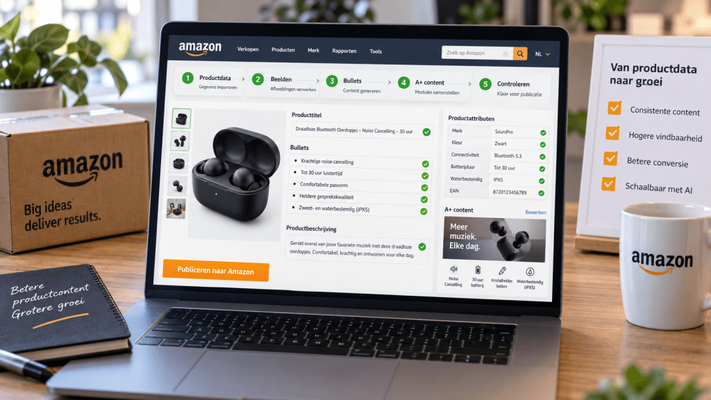 Amazon productcontent automatiseren workflow met productdata, A+ content, beeldrollen en kwaliteitscontrole voor consistente Amazon listings