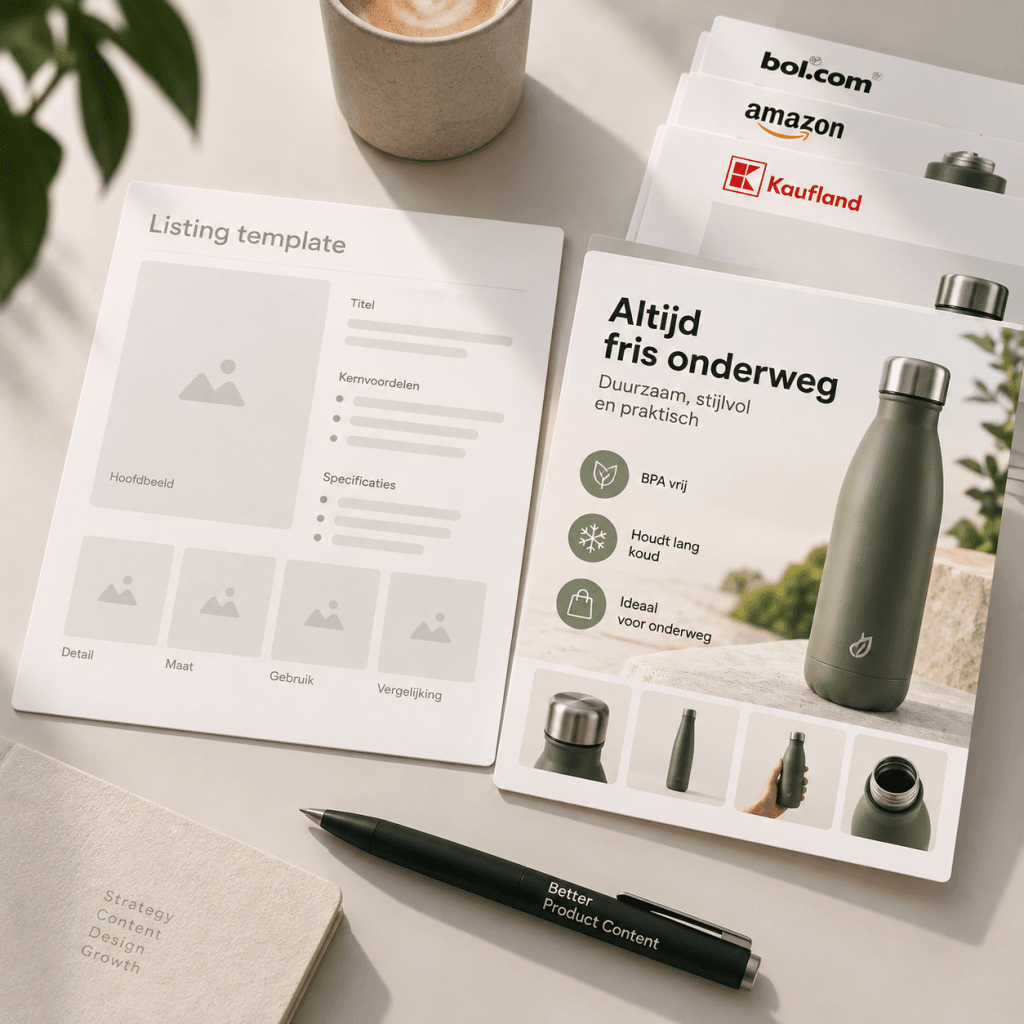 Listing templates voor marketplaces workflow met Figma componenten, beeldrollen, copyblokken en kanaalvarianten voor schaalbare productcontent