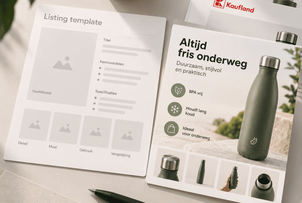 Listing templates voor marketplaces workflow met Figma componenten, beeldrollen, copyblokken en kanaalvarianten voor schaalbare productcontent