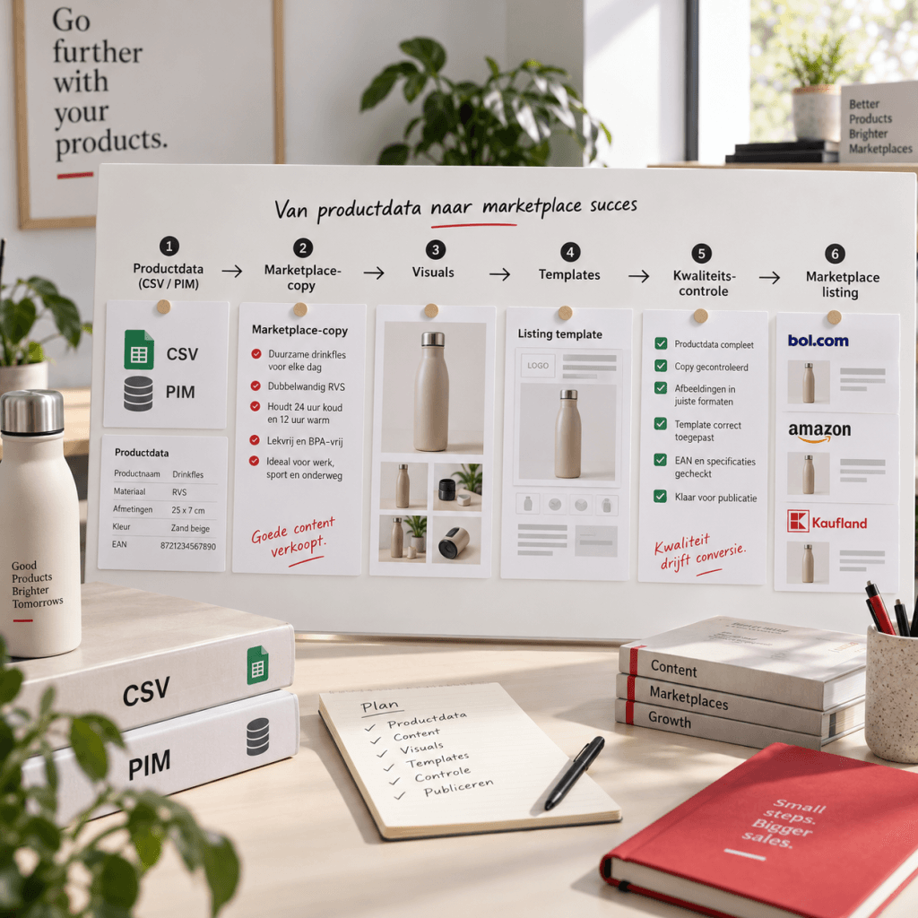 Productdata naar listing content workflow van CSV of PIM naar marketplace-copy, visuals, templates en kwaliteitscontrole