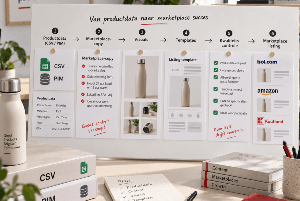 Productdata naar listing content workflow van CSV of PIM naar marketplace-copy, visuals, templates en kwaliteitscontrole