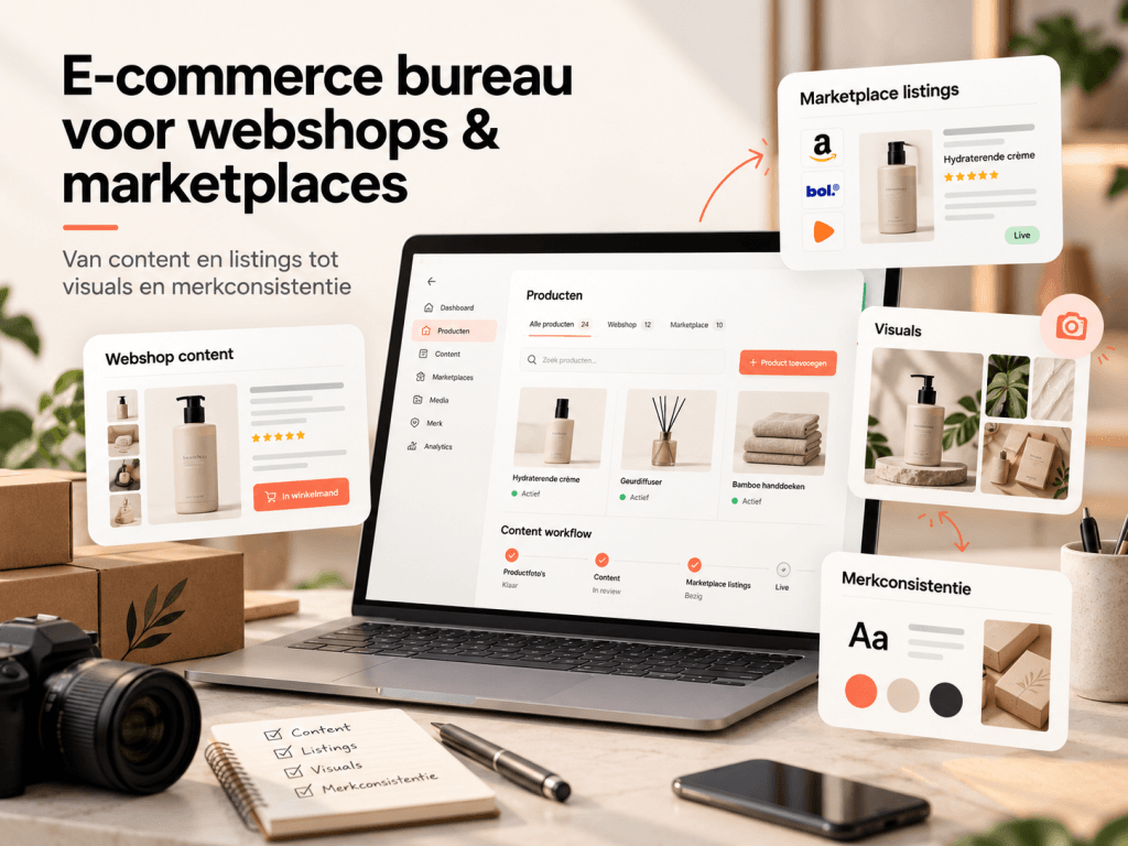 Ecommerce bureau voor webshops en marketplaces overzicht van webshop content, marketplace listings, visuals en merkconsistentie